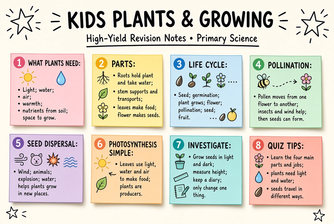 Kids Plants & Growing revision board: a one-page summary of the key topics and exam tips