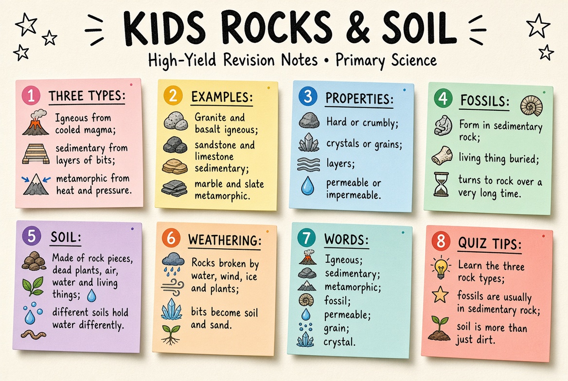 Kids Rocks & Soil revision board: a one-page summary of the key topics and exam tips