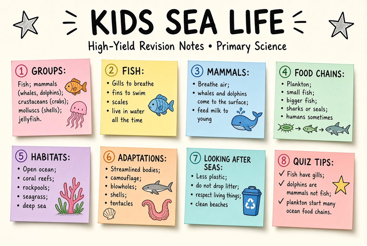 Kids Sea Life revision board: a one-page summary of the key topics and exam tips
