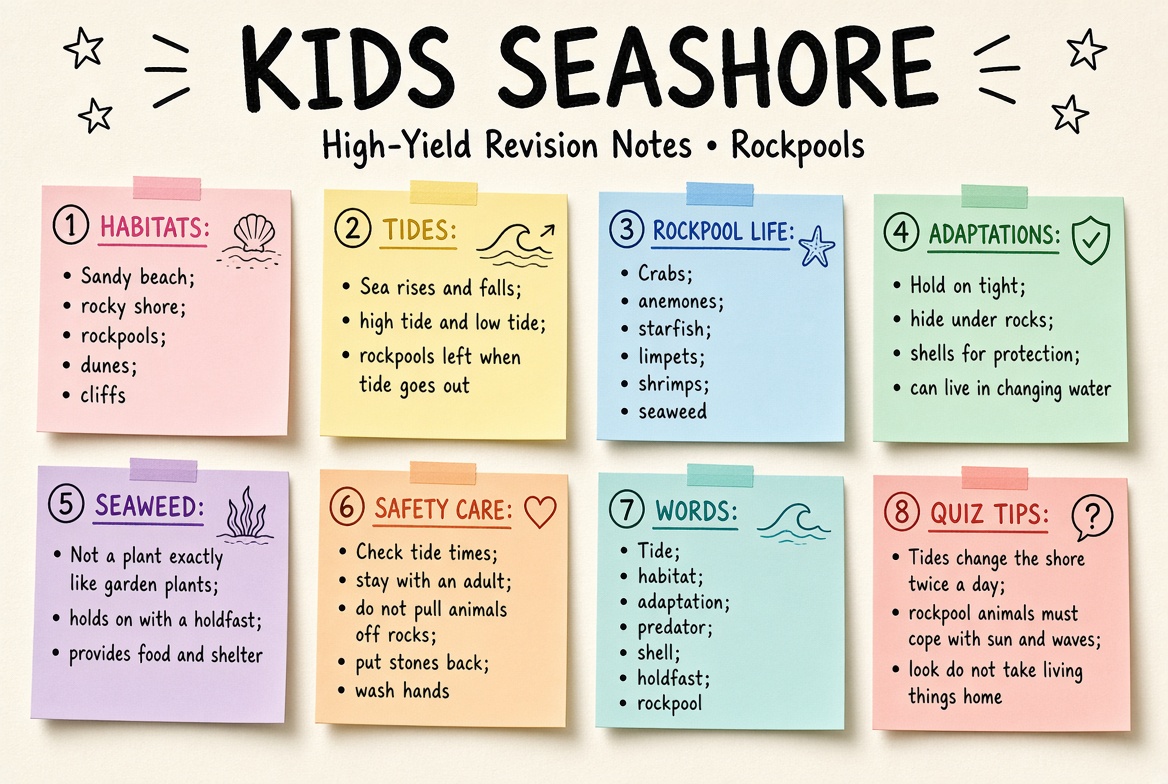 Kids Seashore & Rockpools revision board: a one-page summary of the key topics and exam tips
