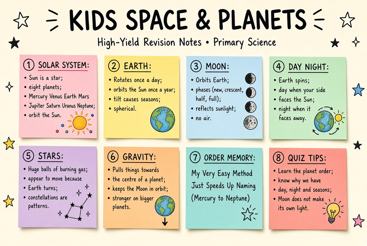 Kids Space & Planets revision board: a one-page summary of the key topics and exam tips