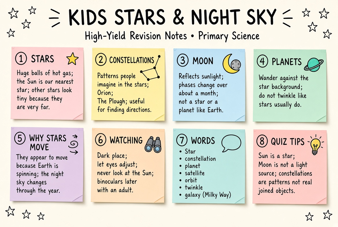 Kids Stars & Night Sky revision board: a one-page summary of the key topics and exam tips