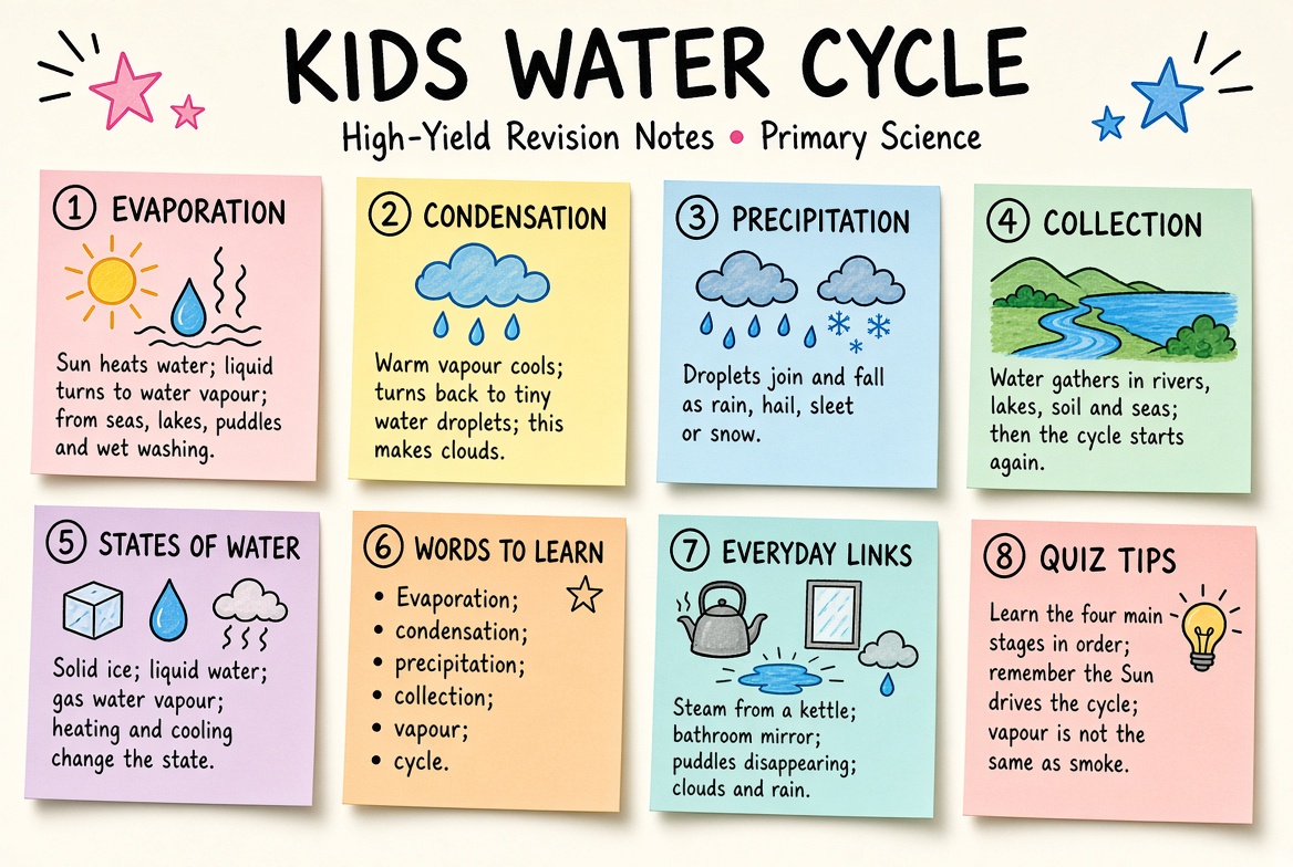 Kids Water Cycle revision board: a one-page summary of the key topics and exam tips