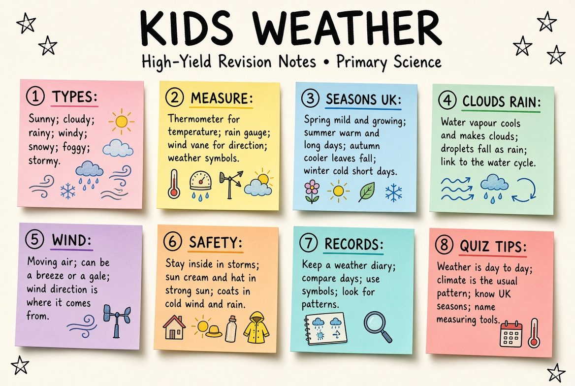 Kids Weather revision board: a one-page summary of the key topics and exam tips