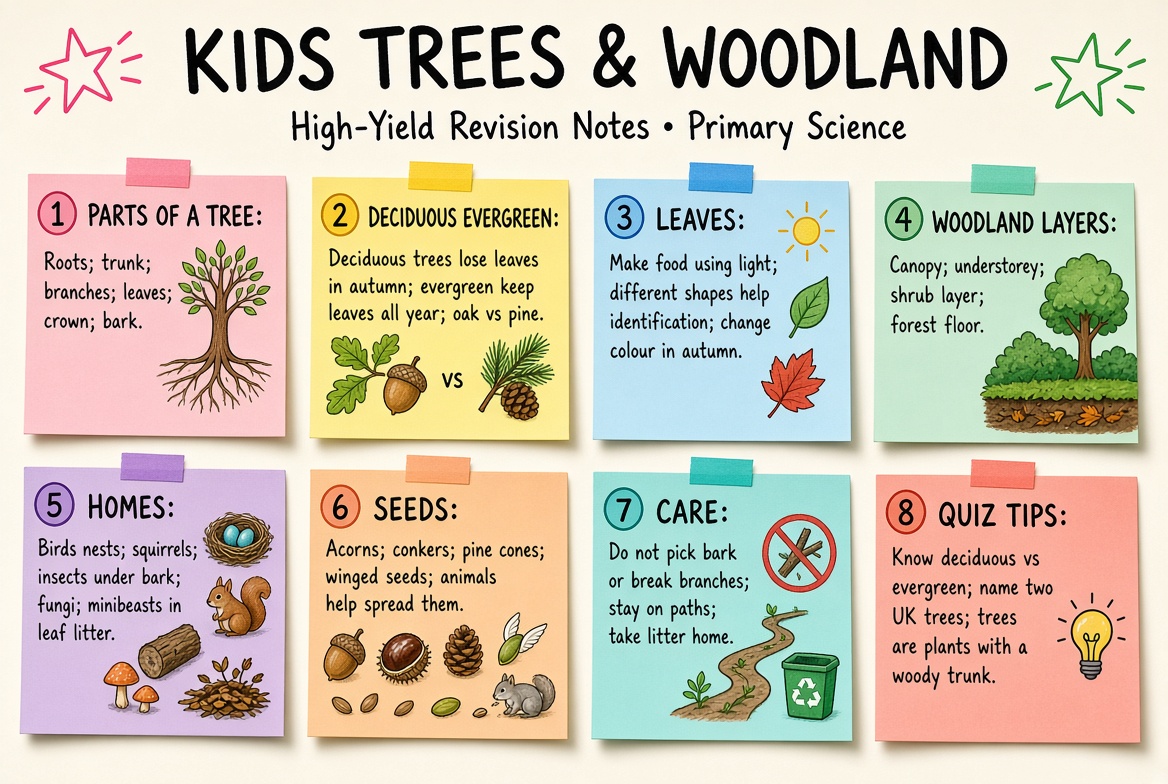 Kids Trees & Woodland revision board: a one-page summary of the key topics and exam tips
