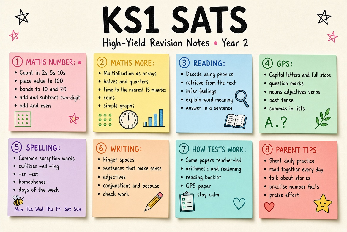 KS1 SATs revision board: a one-page summary of the key topics and exam tips