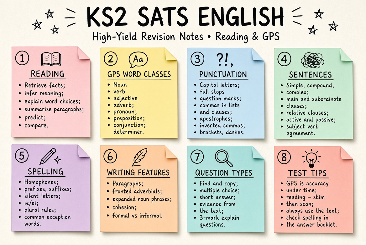 KS2 SATs English revision board: a one-page summary of the key topics and exam tips
