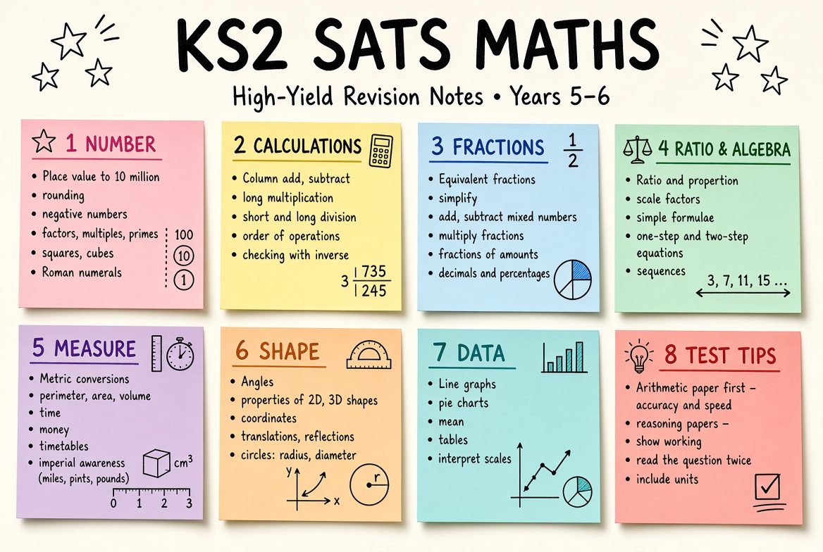 KS2 SATs Maths revision board: a one-page summary of the key topics and exam tips
