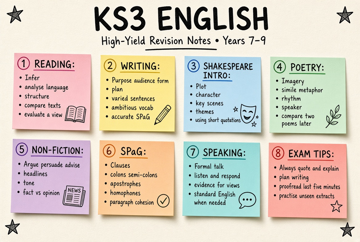 KS3 English revision board: a one-page summary of the key topics and exam tips