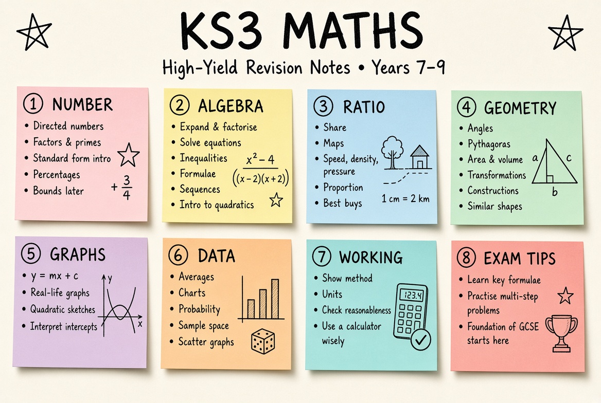 KS3 Maths revision board: a one-page summary of the key topics and exam tips