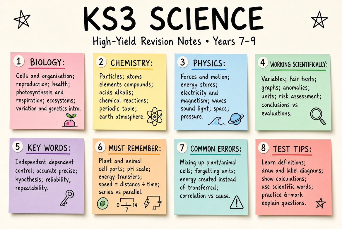 KS3 Science revision board: a one-page summary of the key topics and exam tips