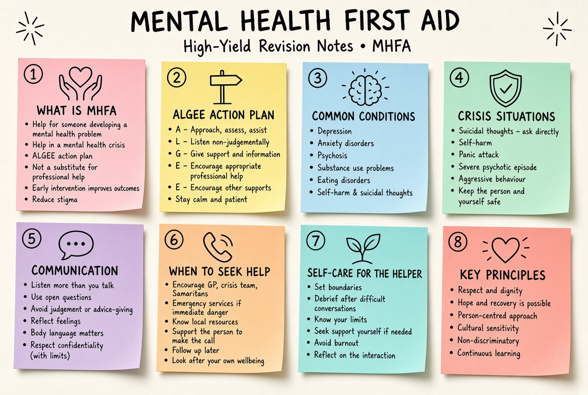Mental Health First Aid revision board: a one-page summary of the key topics and exam tips