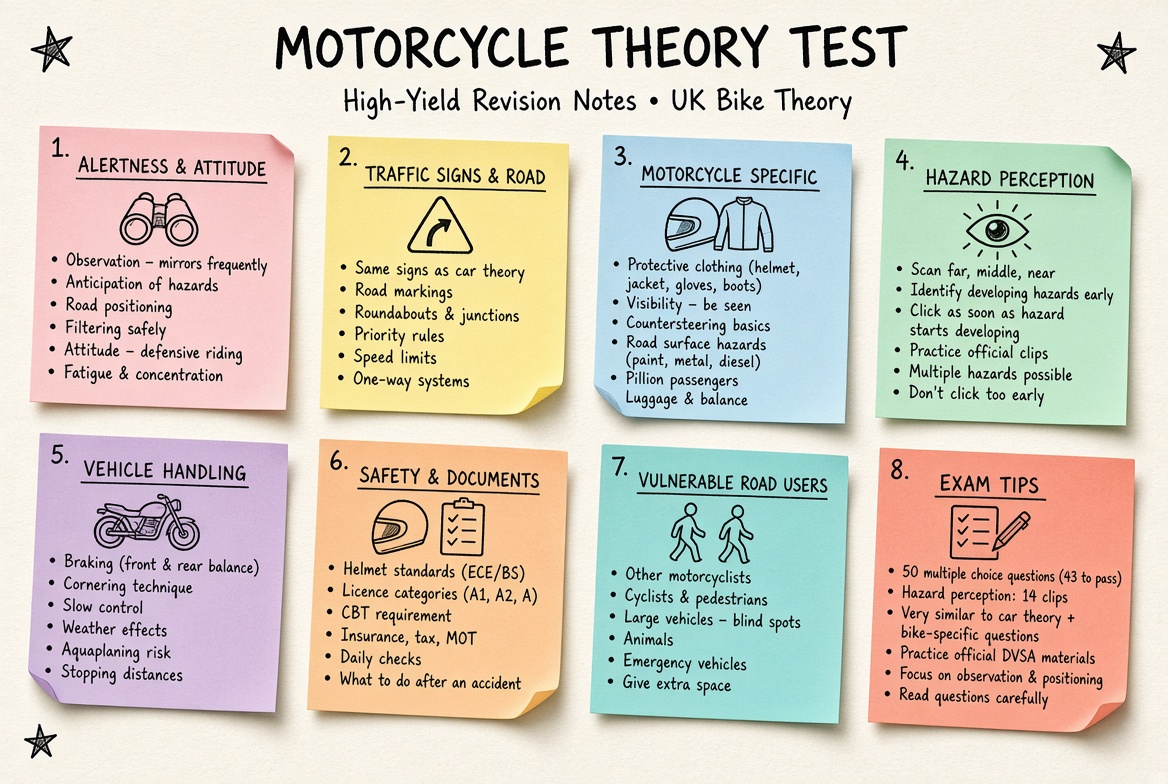 Motorcycle Theory Test revision board: a one-page summary of the key topics and exam tips
