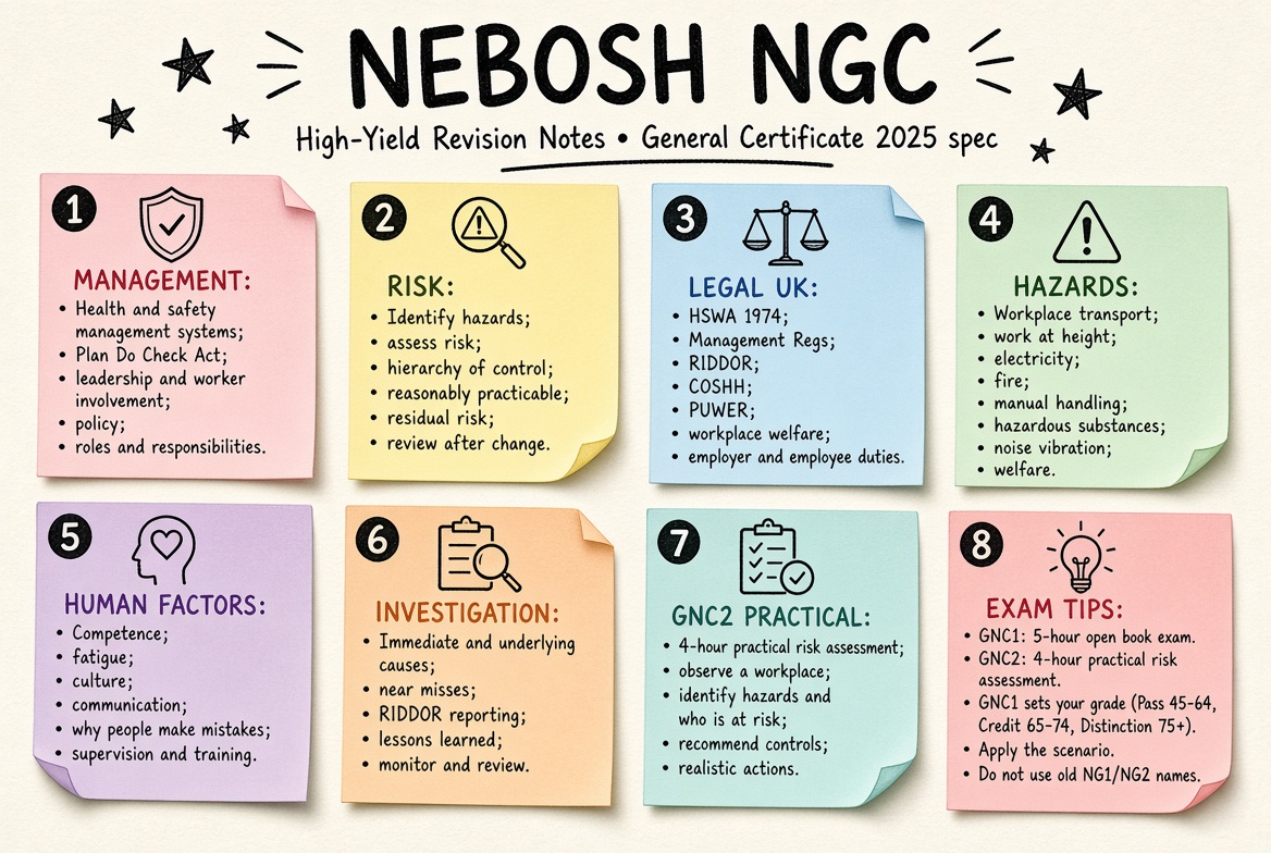 NEBOSH General Certificate revision board: a one-page summary of the key topics and exam tips