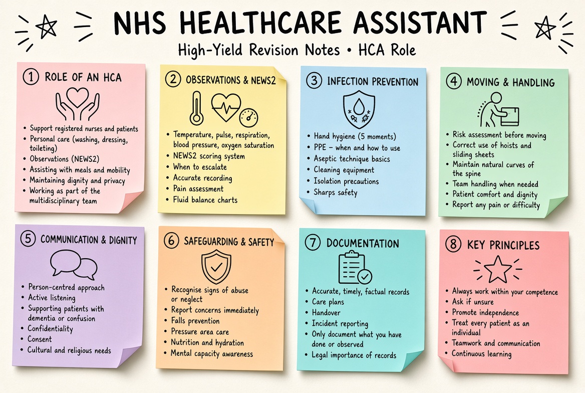NHS Healthcare Assistant revision board: a one-page summary of the key topics and exam tips