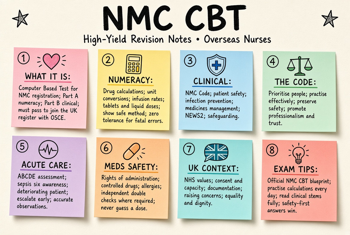 NMC CBT (Overseas Nurses) revision board: a one-page summary of the key topics and exam tips