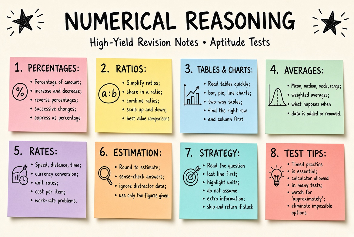 Numerical Reasoning Test revision board: a one-page summary of the key topics and exam tips