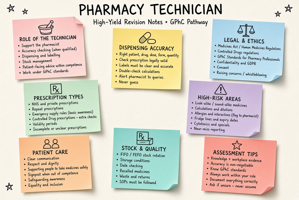 Pharmacy Technician revision board: a one-page summary of the key topics and exam tips