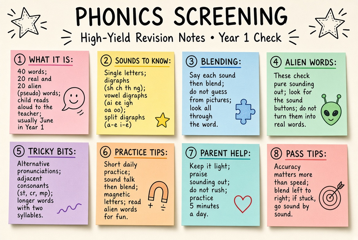 Phonics Screening Check revision board: a one-page summary of the key topics and exam tips