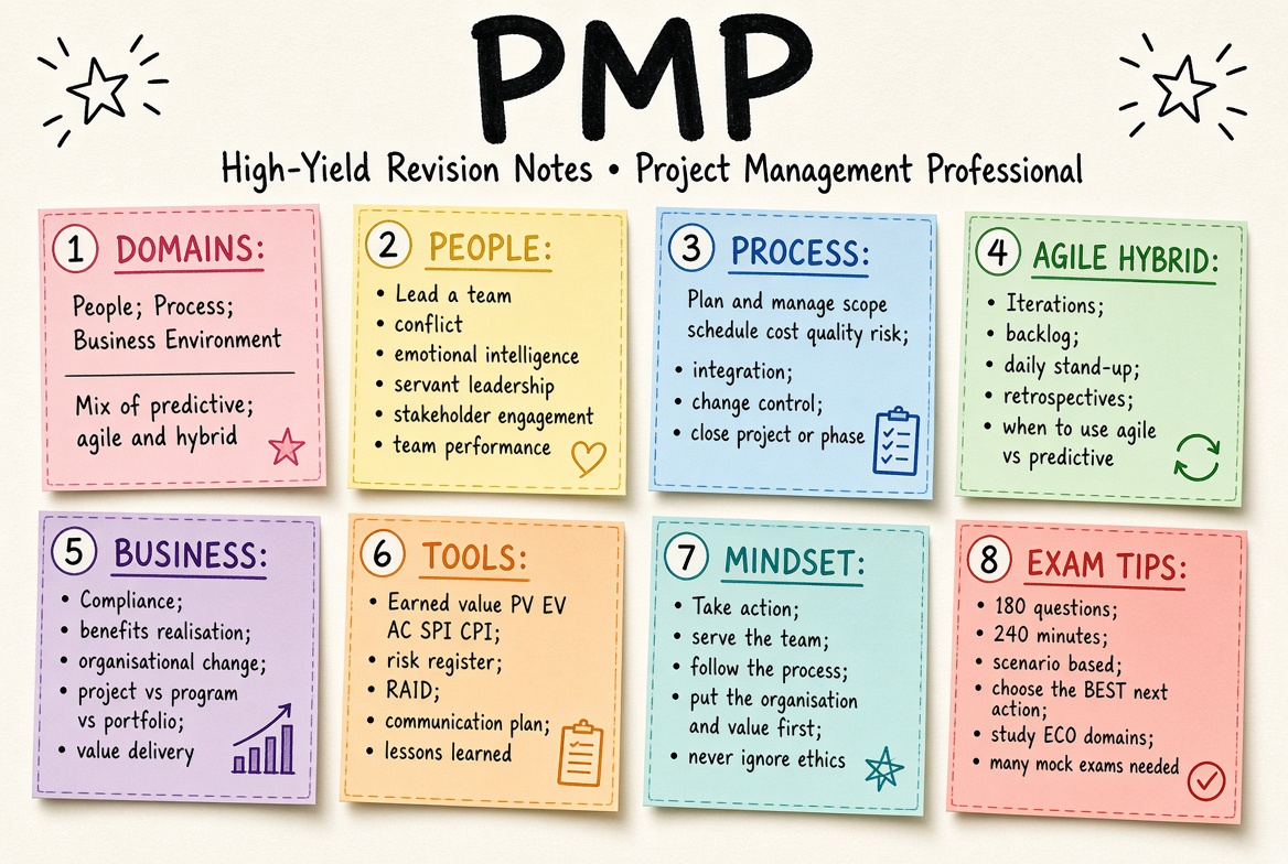PMP revision board: a one-page summary of the key topics and exam tips