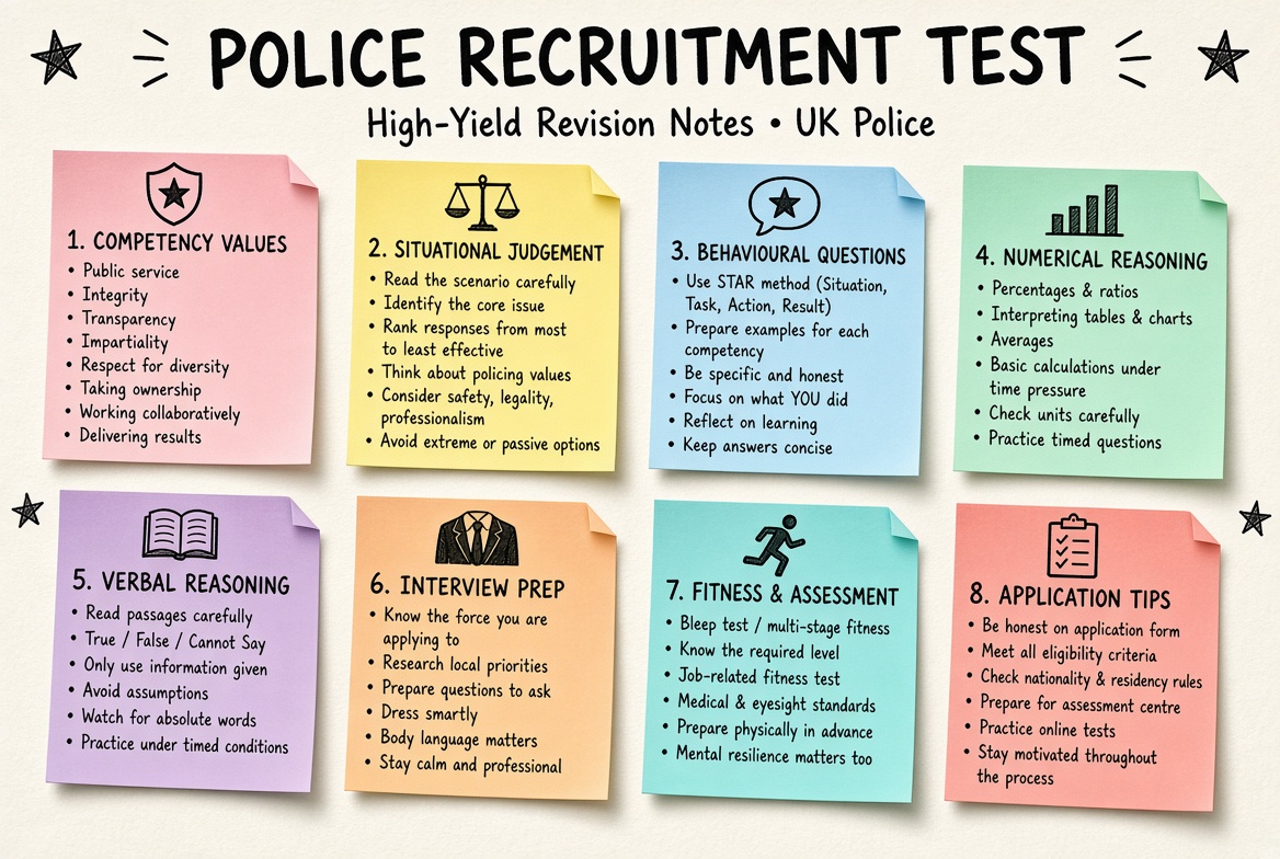 Police Recruitment Test revision board: a one-page summary of the key topics and exam tips