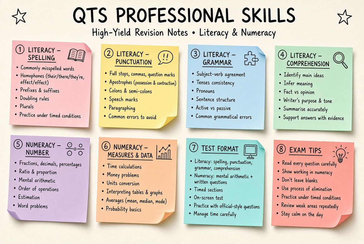 QTS Professional Skills revision board: a one-page summary of the key topics and exam tips