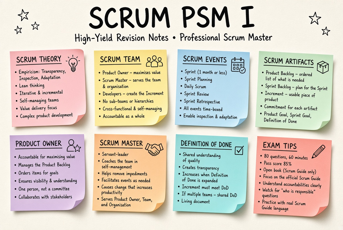 Professional Scrum Master (PSM I) revision board: a one-page summary of the key topics and exam tips