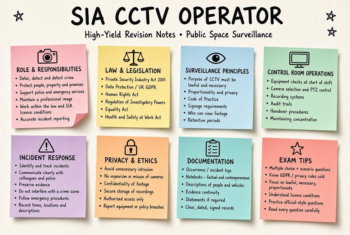 SIA CCTV Operator revision board: a one-page summary of the key topics and exam tips
