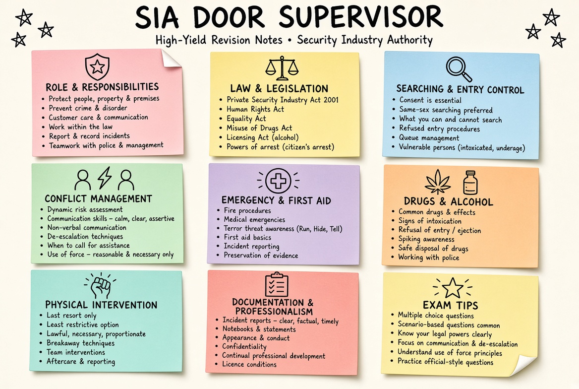 SIA Door Supervisor revision board: a one-page summary of the key topics and exam tips