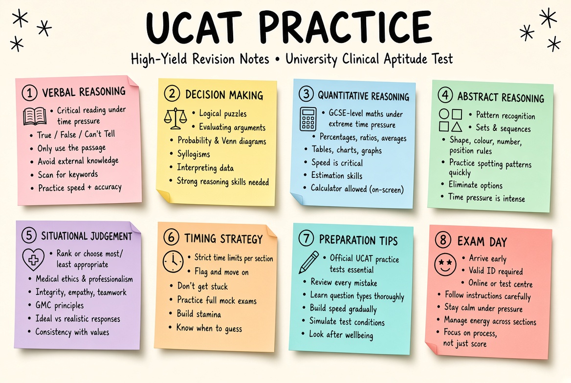 UCAT Practice Tests revision board: a one-page summary of the key topics and exam tips