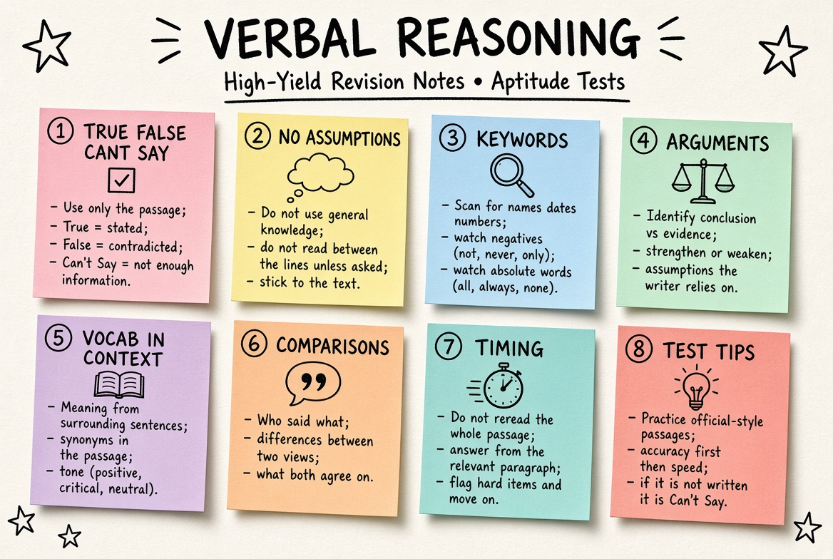 Verbal Reasoning Test revision board: a one-page summary of the key topics and exam tips