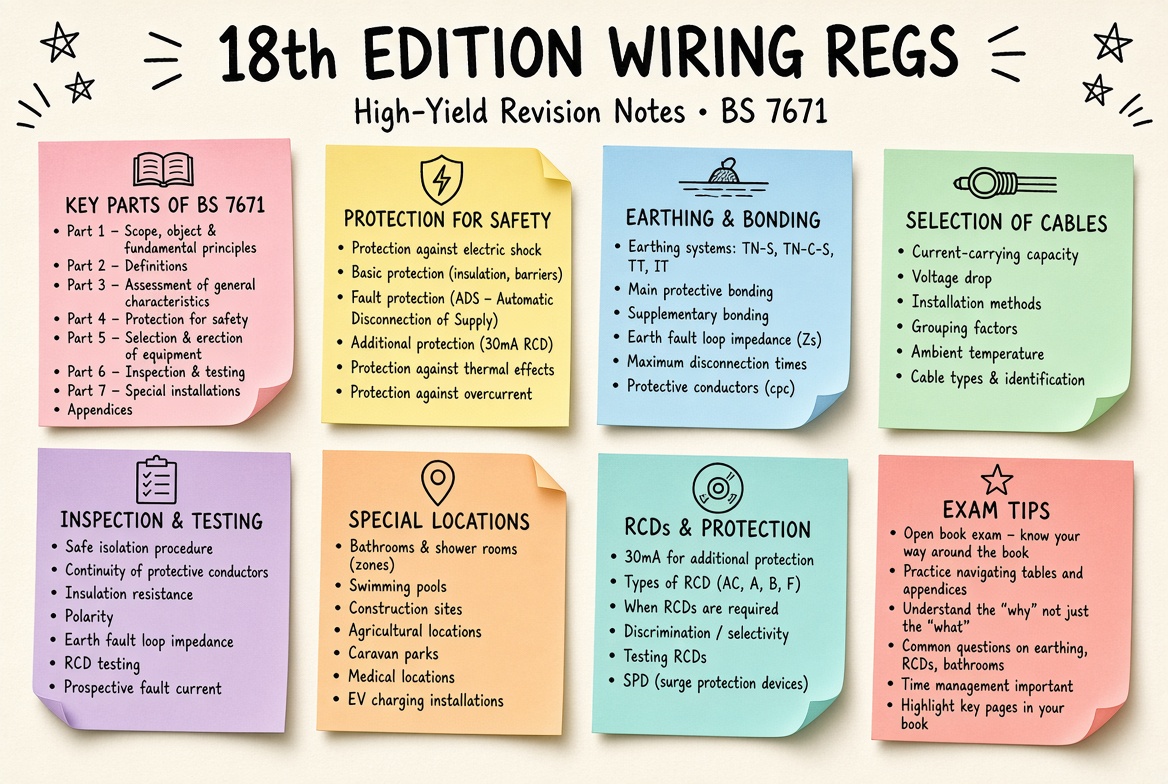 18th Edition Wiring Regs revision board: a one-page summary of the key topics and exam tips