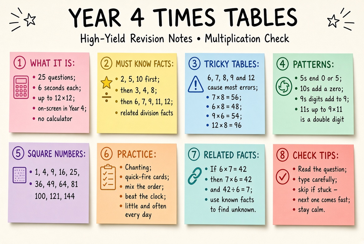 Year 4 Multiplication Check revision board: a one-page summary of the key topics and exam tips