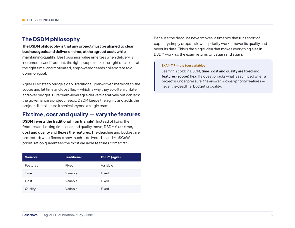 Sample page from the AgilePM Foundation study guide