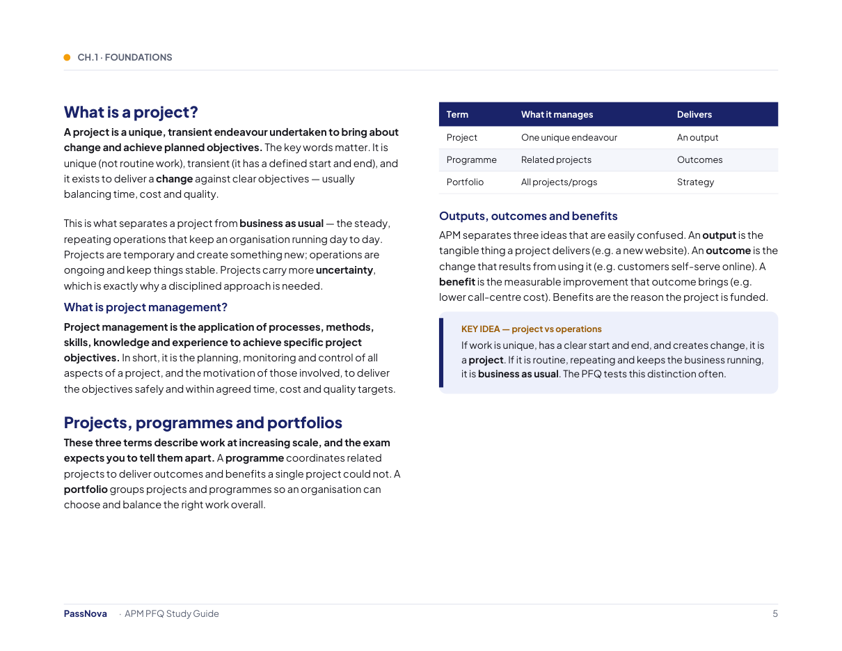 Sample page from the APM Project Fundamentals (PFQ) study guide