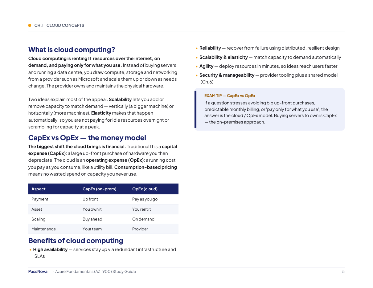 Sample page from the Microsoft Azure Fundamentals (AZ-900) study guide