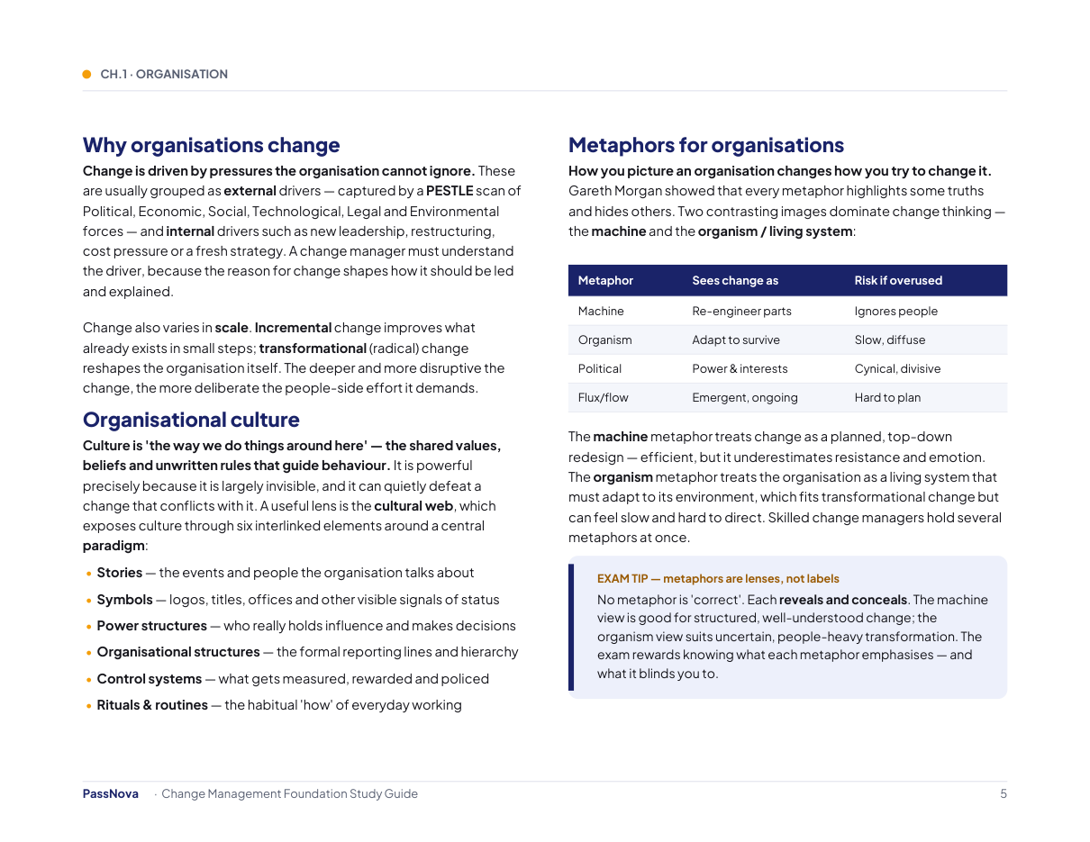 Sample page from the Change Management Foundation study guide