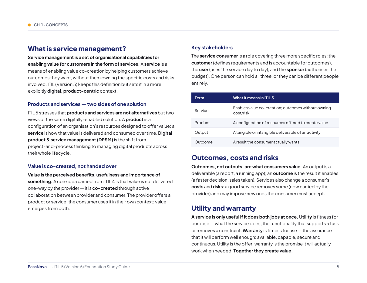 Sample page from the ITIL 5 Foundation study guide