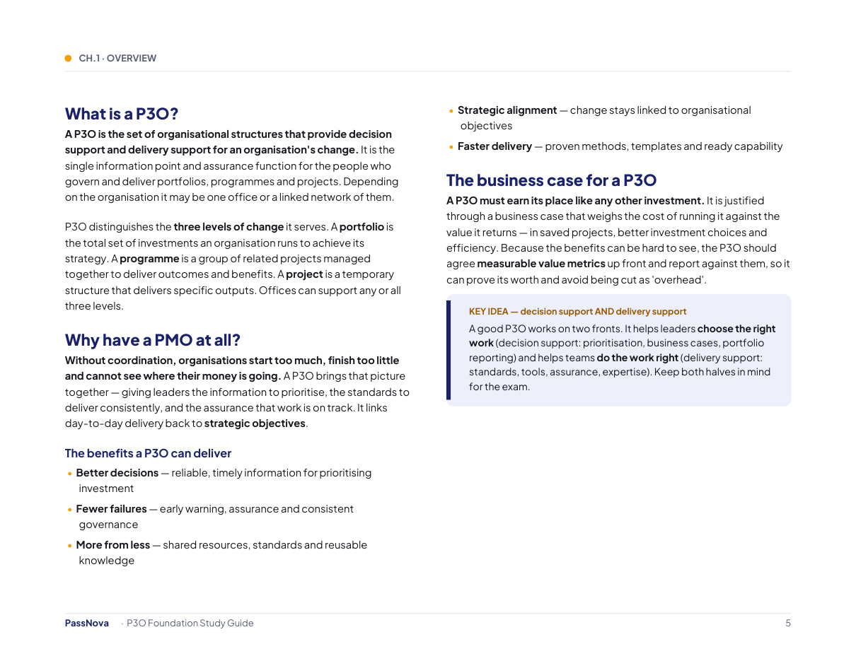 Sample page from the P3O Foundation study guide