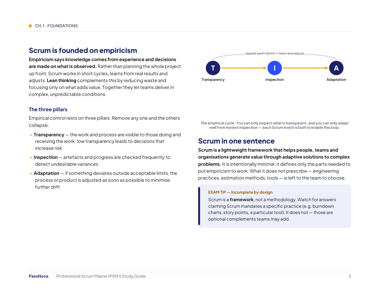 Sample page from the Professional Scrum Master (PSM I) study guide