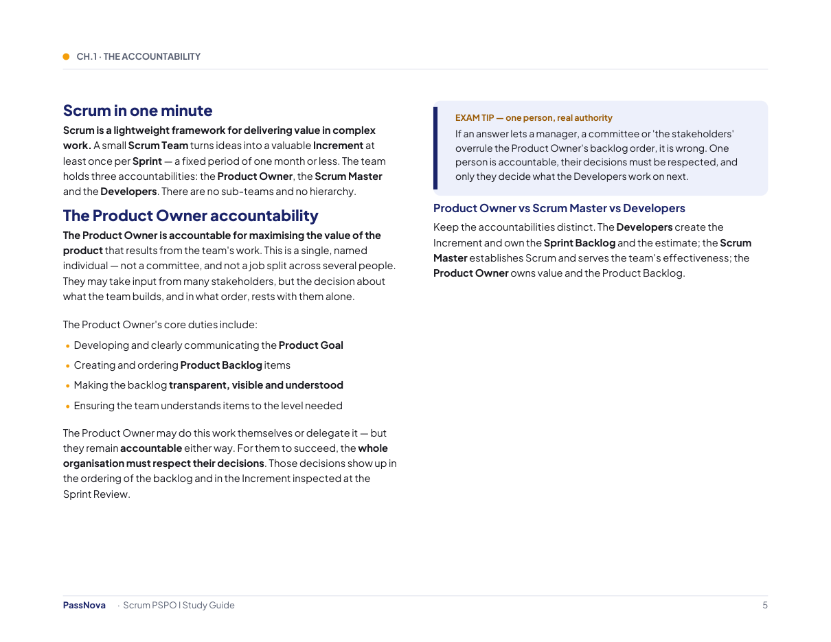 Sample page from the Scrum PSPO I study guide