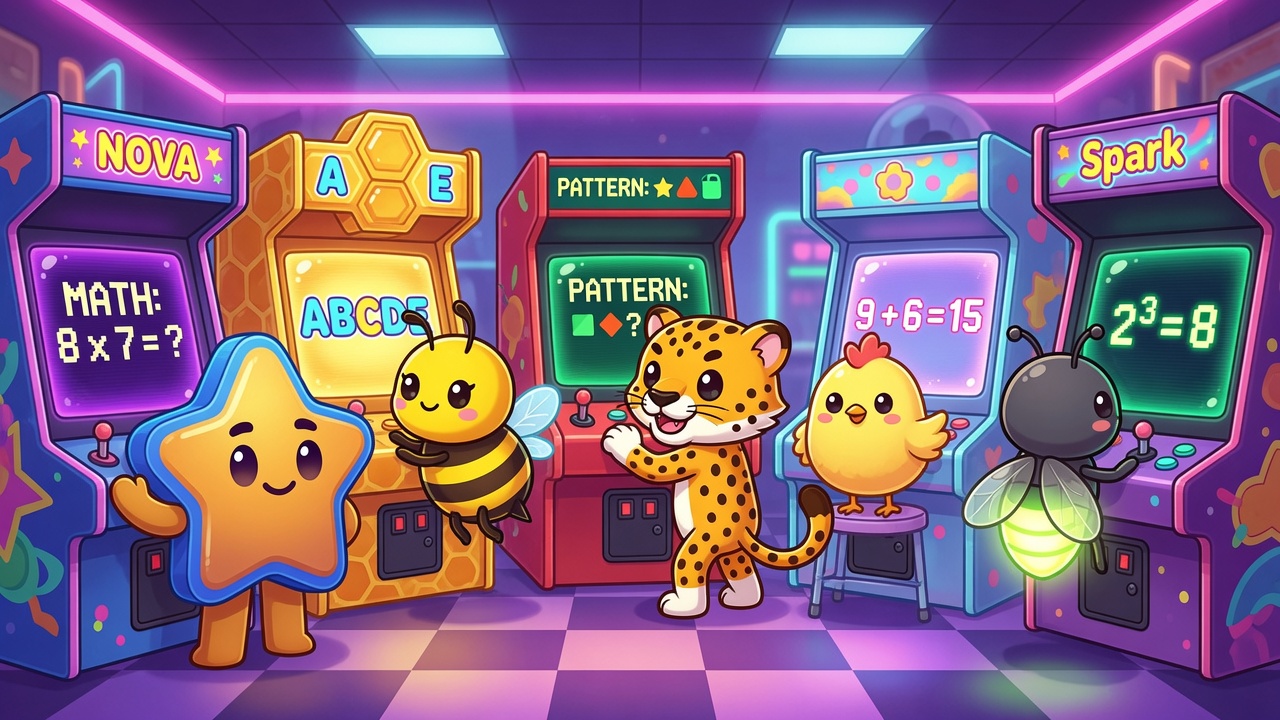 Nova, Dash, Pip, Spark and Bella playing learning games in a colourful arcade