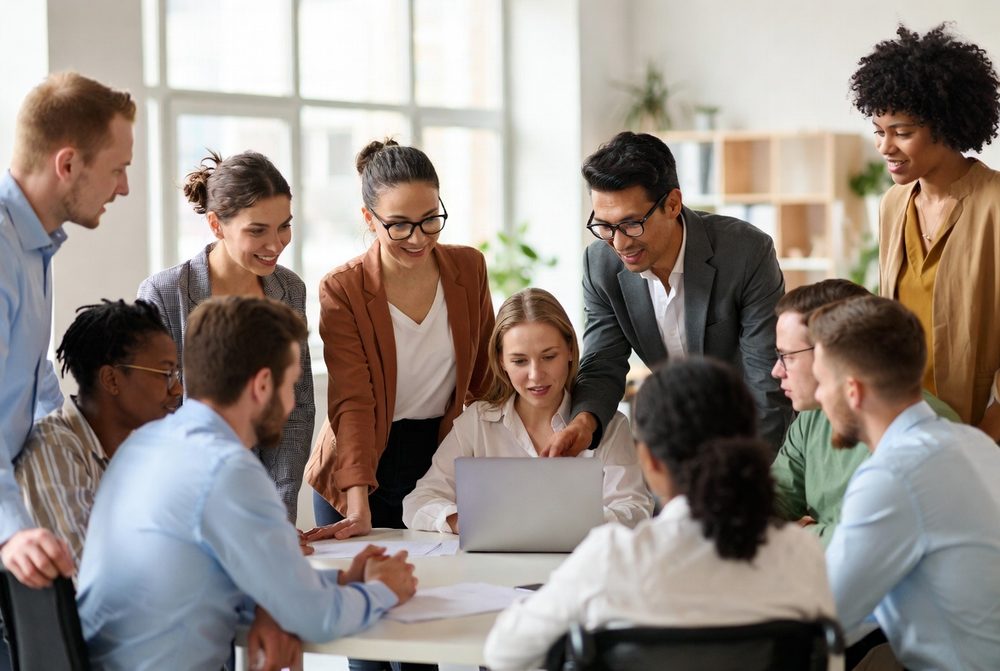 A workplace training team learning together